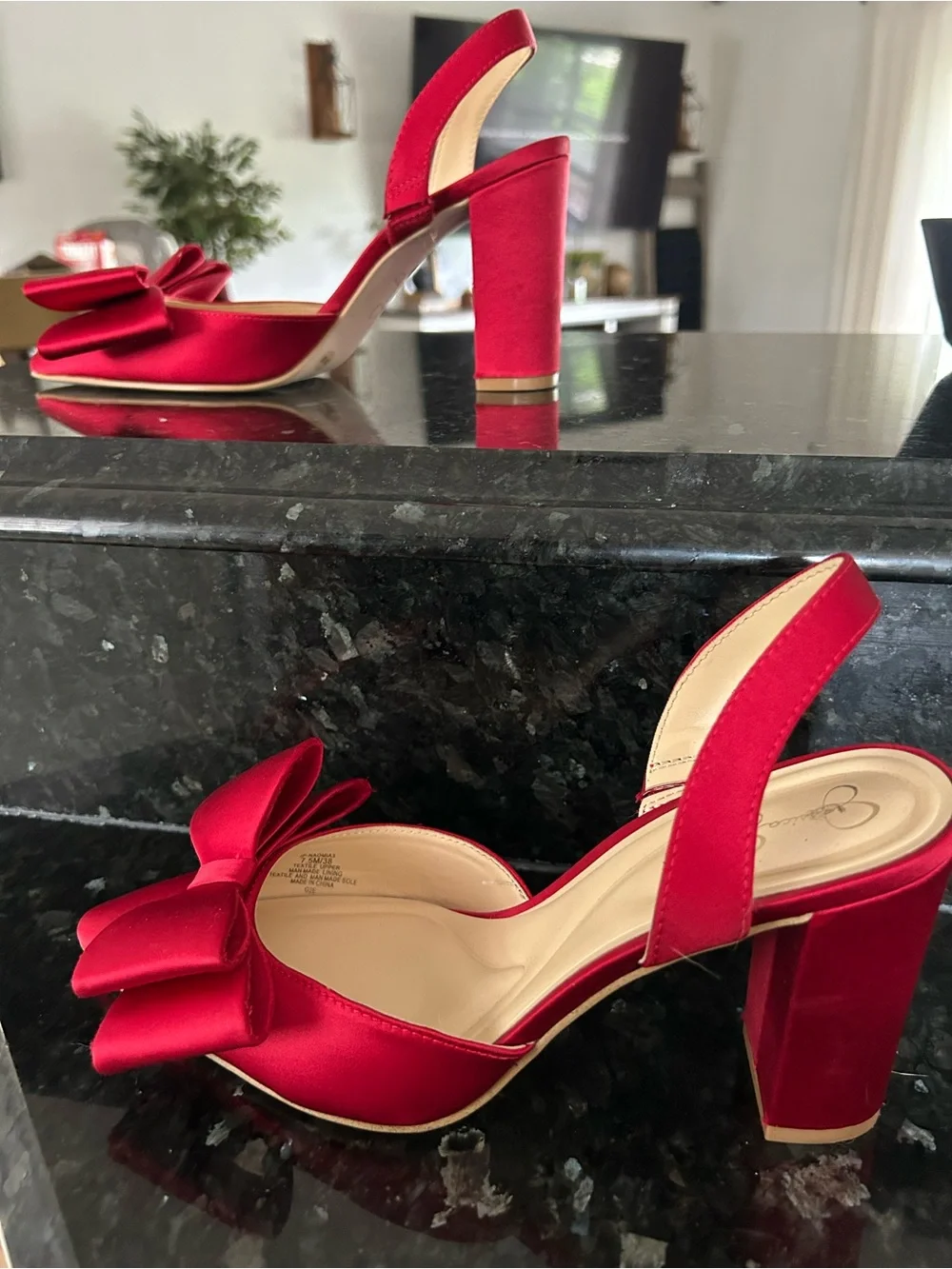 Jessica Simpson Red Satin Pointed-Toe Slingback Heels with Bow